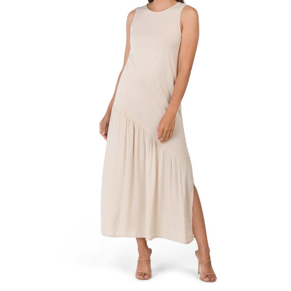 Sleeveless Maxi Long Dress Jewel Neck Womens Beige